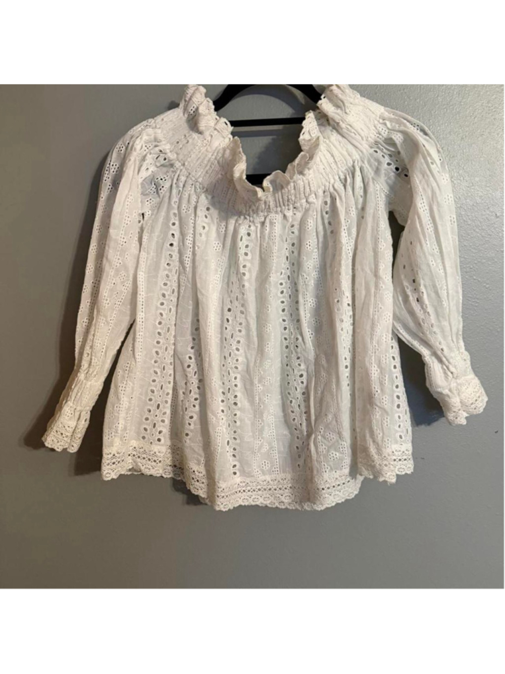 100% cotton white eyelet lace blouse with a romantic cottagecore silhouette, dra